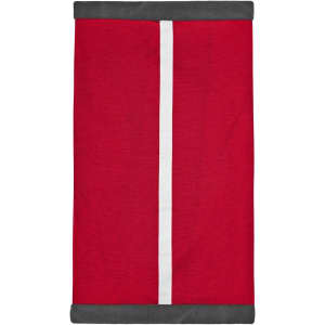 A red Winter X-Tube scarf with a white stripe down the centre and grey borders. It features a logo.