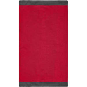 A red scarf with a grey border, featuring a logo on one side.