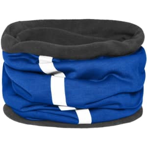 A blue and grey Winter X-Tube scarf featuring a soft, stretchy design and a branding logo.