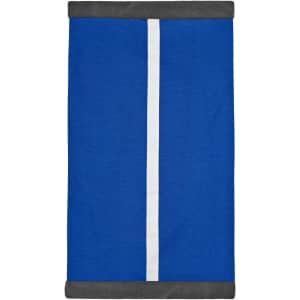 A blue scarf with grey edges and a white stripe running down the centre. It features a branding logo.