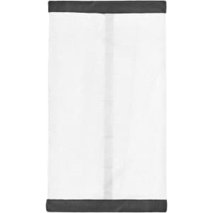 A white scarf with grey trim, featuring a simple design and a logo on one side.