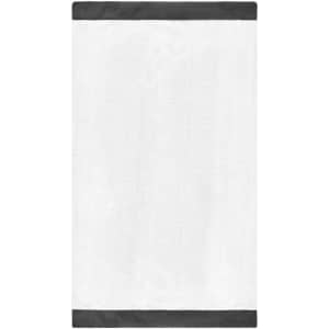 A white scarf with black borders, designed as a clothing accessory. It features a logo.
