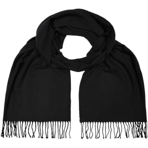 A black elegant scarf with fringed edges, designed as a stylish clothing accessory.