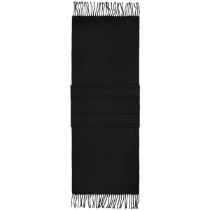 A black elegant scarf with fringed edges, neatly folded and secured with a band. It features a simple, classic design.