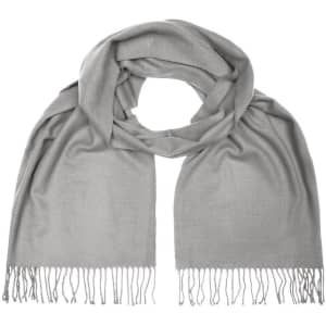 A grey elegant scarf with fringed ends, designed as a stylish clothing accessory.