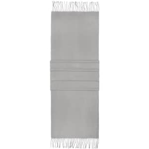 A grey elegant scarf with fringed ends and pleats, featuring a logo. Ideal for stylish layering.