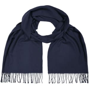A dark navy elegant scarf with fringed ends, showcasing a soft and luxurious texture. It features a subtle branding logo.