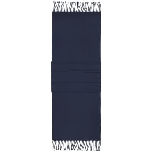 A navy blue elegant scarf with fringe detailing and folded sections. It features a simple logo.