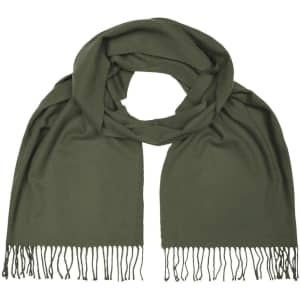 An elegant olive green scarf with fringed edges, featuring a soft, textured fabric. It includes a logo.
