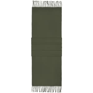 An elegant dark green scarf with fringed edges, featuring folds for a stylish design.
