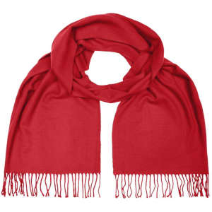 A red Elegant Scarf with fringed edges displayed elegantly. Features a soft, textured fabric and a simple design.