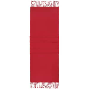 A red elegant scarf featuring fringed ends and a folded design, with a logo visible on the fabric.