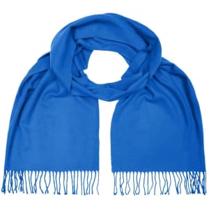 A bright blue scarf with fringe detailing, displayed flat and elegantly draped. It features a logo on one side.