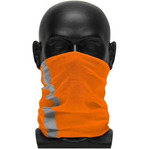 An orange neck gaiter with reflective stripes displayed on a black mannequin head.
