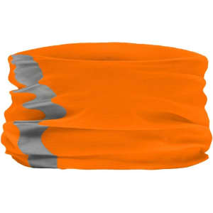 An orange sunshade with a silver design, featuring a stretchy material and a seamless tubular shape.
