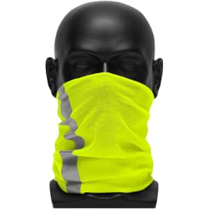 A bright yellow neck gaiter on a black mannequin head, featuring reflective grey stripes.