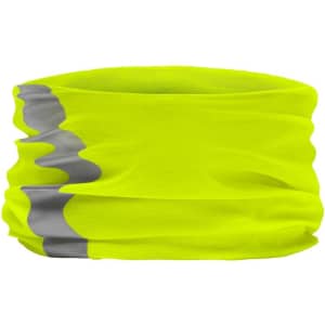 A bright yellow multifunctional headwear piece with grey accents, featuring a soft, stretchy fabric.