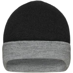 A reversible beanie featuring a black top and a grey cuff, with a logo on the cuff.