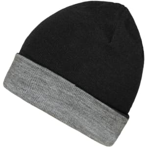A reversible beanie in black with a grey cuff. It features a logo on one side.