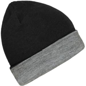 A reversible beanie featuring a black exterior and a grey cuff, with a small logo visible.