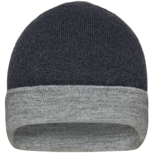 A reversible beanie featuring a dark grey top and a light grey cuff, with a simple logo on the inside.