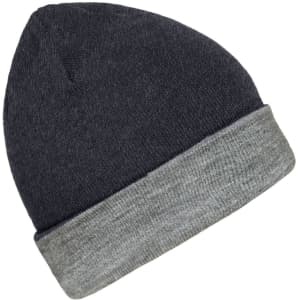 A reversible beanie in dark grey and light grey, featuring a simple design and a logo.