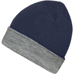 A reversible beanie featuring navy blue and grey colours with a simple design and a logo.