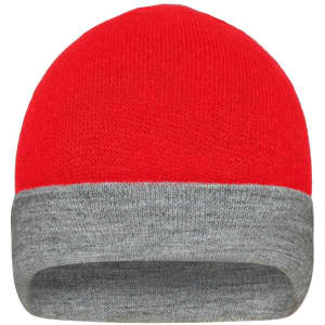 A reversible beanie featuring a bright red top with a grey cuff. It includes a branded logo.