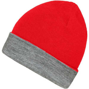 A reversible beanie featuring a bright red top and a grey cuff, with a logo on the side.