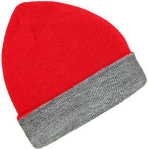 A reversible beanie featuring a vibrant red top and a grey cuff. It includes a logo.