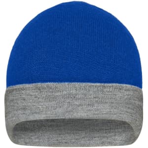 A reversible beanie featuring a bright blue top and a grey cuff, with a logo on the cuff.