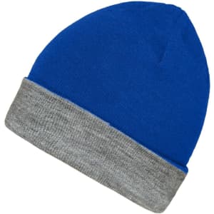A reversible beanie in blue with a grey cuff, featuring a logo.