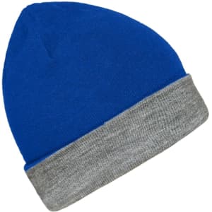 A reversible beanie in blue with a grey cuff, featuring a logo.