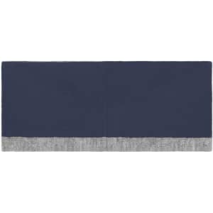 A reversible headband in navy blue with a grey textured band at the bottom. It features a logo.