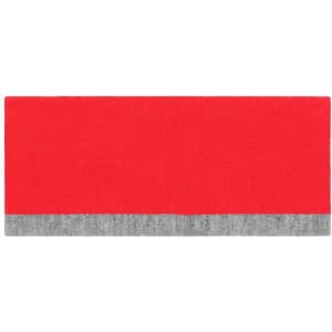 A reversible headband in bright red with a grey trim, featuring a logo on one side.