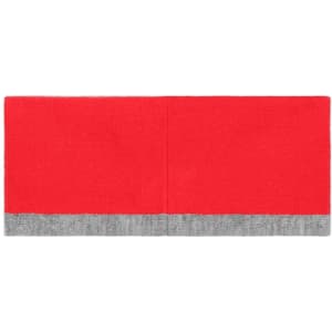 A reversible headband in bright red with a grey knitted stripe at the bottom. It features a logo on one side.
