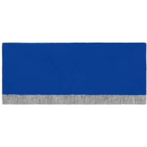 A reversible headband in blue with a grey trim. The fabric is smooth and versatile, featuring a logo.