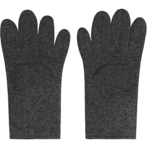 A pair of grey fleece gloves with a textured finish and a logo on the wrist area.