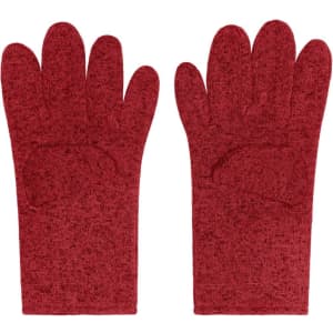 A pair of red fleece gloves with a textured finish, featuring a logo on one glove.