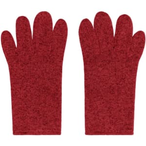 Red fleece gloves featuring a textured design and a seamless finish. Includes a logo on one glove.