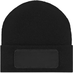 A black knitted beanie featuring a patch area for customisation. The beanie has a close-fitting design.
