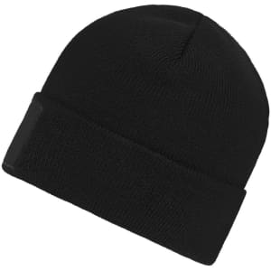 A black knitted beanie with a patch, featuring a rolled-up cuff design.