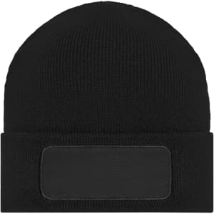 A black knitted beanie with a patch area for customisation, showcasing a simple and classic design.