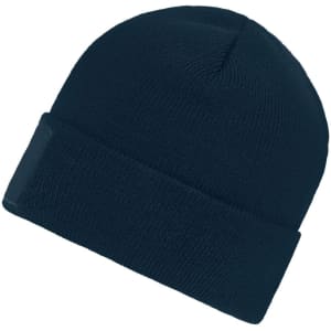 A navy knitted beanie featuring a patch, showcasing a simple and versatile design.