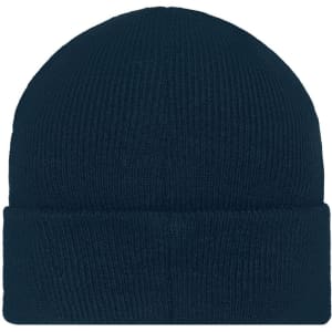 A knitted beanie in navy blue featuring a patch on the front. The beanie has a ribbed texture.