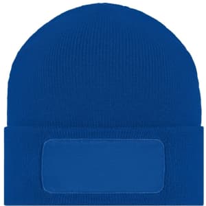 A knitted beanie in vibrant blue with a blank patch for custom branding.