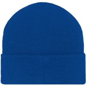 A blue knitted beanie with a folded cuff and a patch. Simple and versatile headwear accessory.