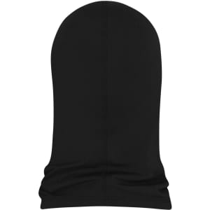 A black balaclava with a seamless design, featuring a snug fit and smooth fabric. It has a logo on one side.