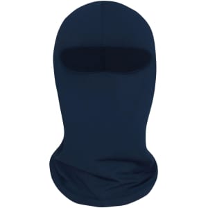 A dark navy balaclava with an open face area, made from a soft, stretchy material. It has a simple design.
