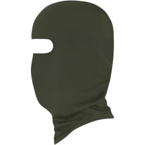A balaclava in dark green, featuring an eye opening and snug fit design. It has a branding logo on it.